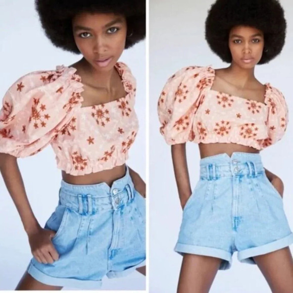 Zara Embroidered Voluminous Puff Sleeve Cropped Top - Picture 2 of 12